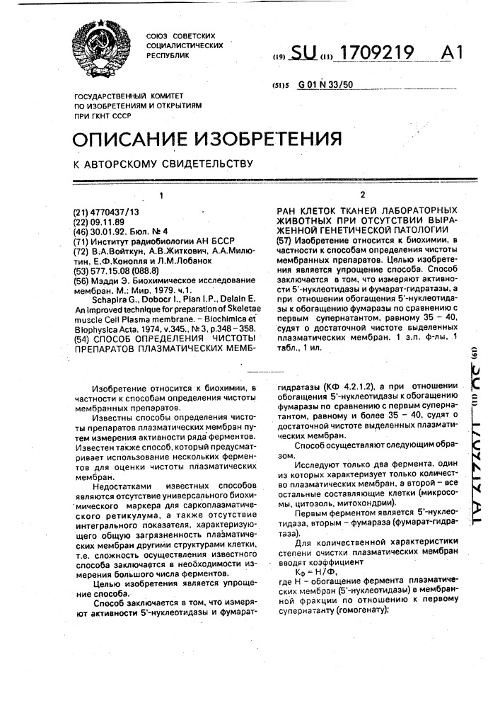 Способ определения чистоты препаратов плазматических мембран клеток тканей лабораторных животных при отсутствии выраженной генетической патологии (патент 1709219)