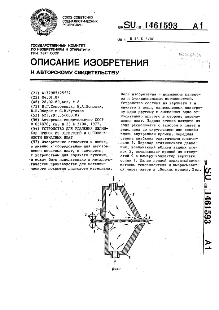 Устройство для удаления излишков припоя из отверстий и с поверхности печатных плат (патент 1461593)