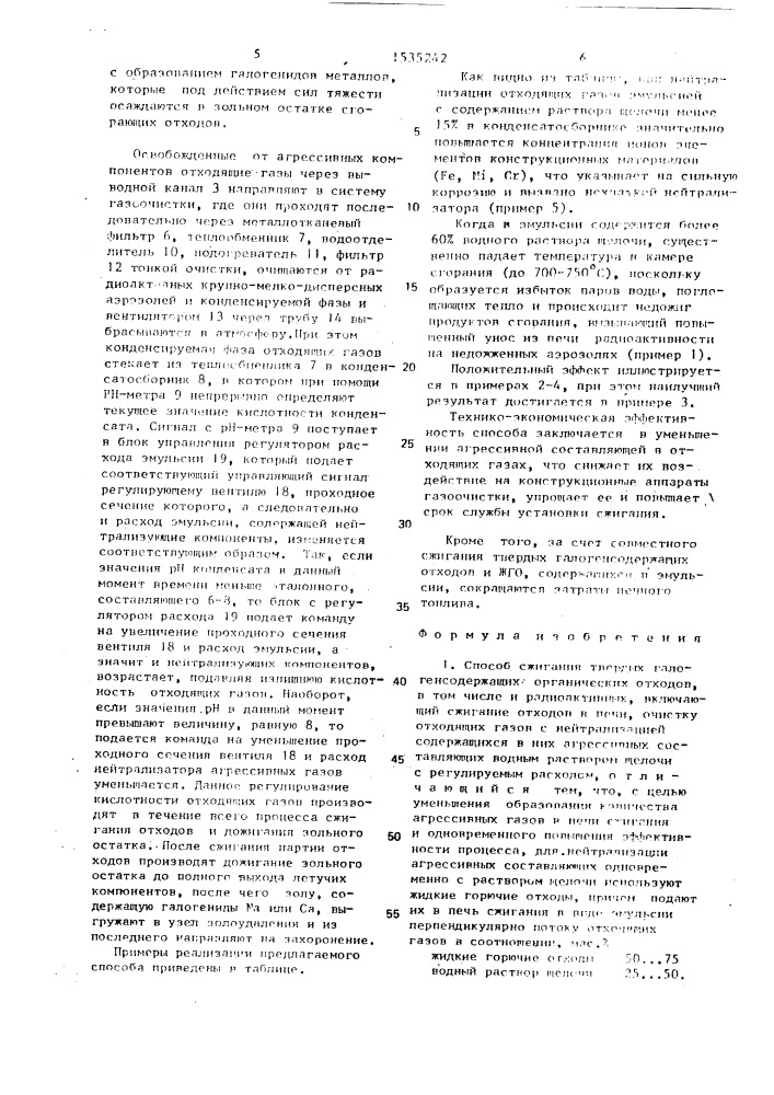 Способ сжигания твердых галогенсодержащих органических отходов, в том числе и радиоактивных (патент 1535242)