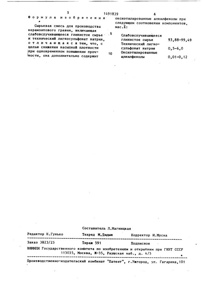 Сырьевая смесь для производства керамзитового гравия (патент 1491839)