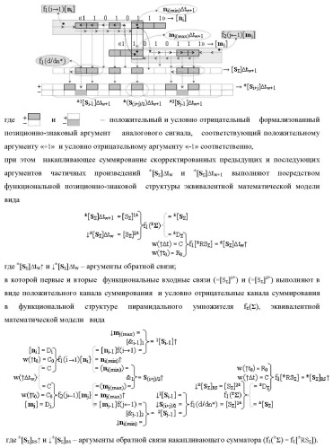 Способ логико-динамического процесса формирования информационных аналоговых сигналов частичных произведений аргументов сомножителей &#177;[ni] и &#177;[mj] - &quot;дополнительный код&quot; усеченной пирамидальной структуры умножителя f ( ) для последующего накапливающего суммирования в сумматоре &#177;f1( ) и функциональная структура для его реализации (варианты русской логики) (патент 2475813)