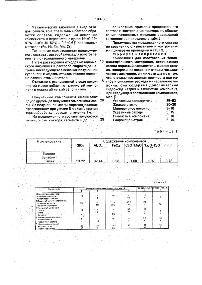 Композиция для изготовления теплоизоляционного материала (патент 1807035)