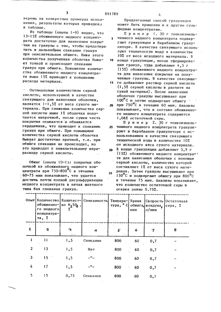 Способ грануляции рудных концентратов (патент 891789)