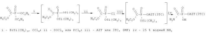 Способ получения 5&#39;-аминокарбонилфосфонатов нуклеозидов и способ получения хлорангидрида триметилсилильного эфира этоксикарбонилфосфоновой кислоты (патент 2446169)