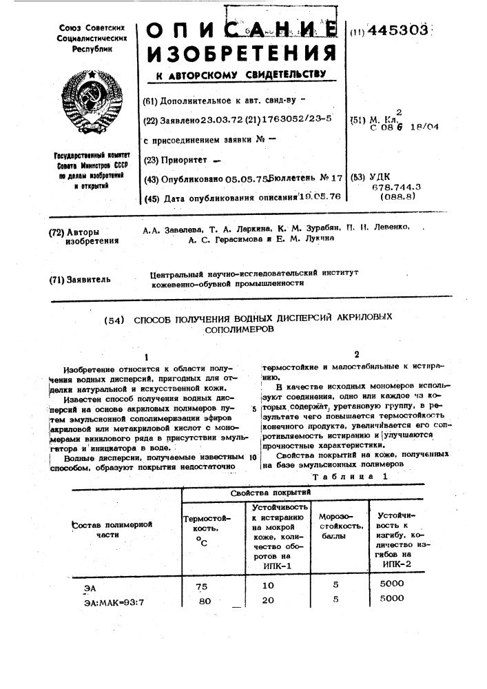 Способ получения водных дисперсий акриловых сополимеров (патент 445303)