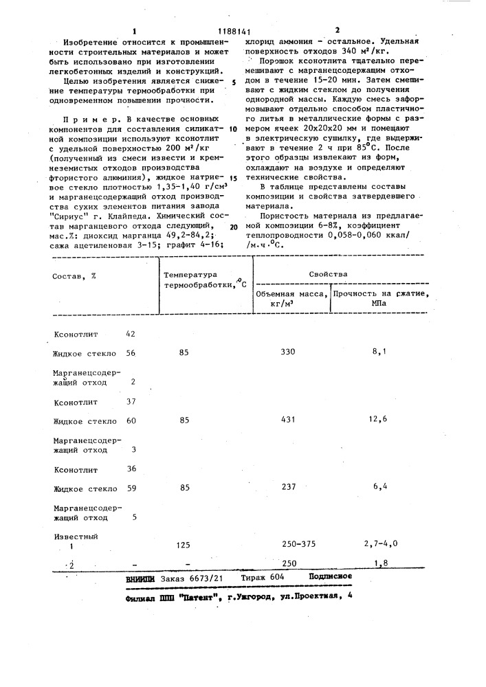 Силикатная композиция (патент 1188141)