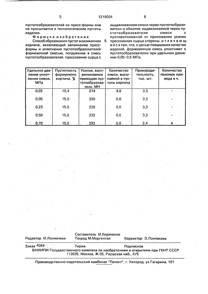 Способ образования пустот в силикатном кирпиче (патент 1216004)