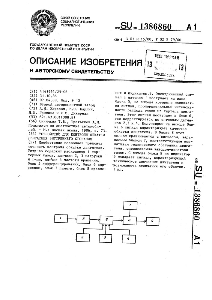 Устройство для контроля обкатки двигателя внутреннего сгорания (патент 1386860)