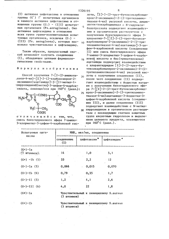 Способ получения 7- @ 2- (2-аминотиазол-4-ил)- @ z @ -2-(2- карбоксипроп-2-оксиимино)ацетамидо @ -3- @ (1-метил-1- пирролидиний)метил @ -3-цефем-4-карбоксилата (патент 1326195)