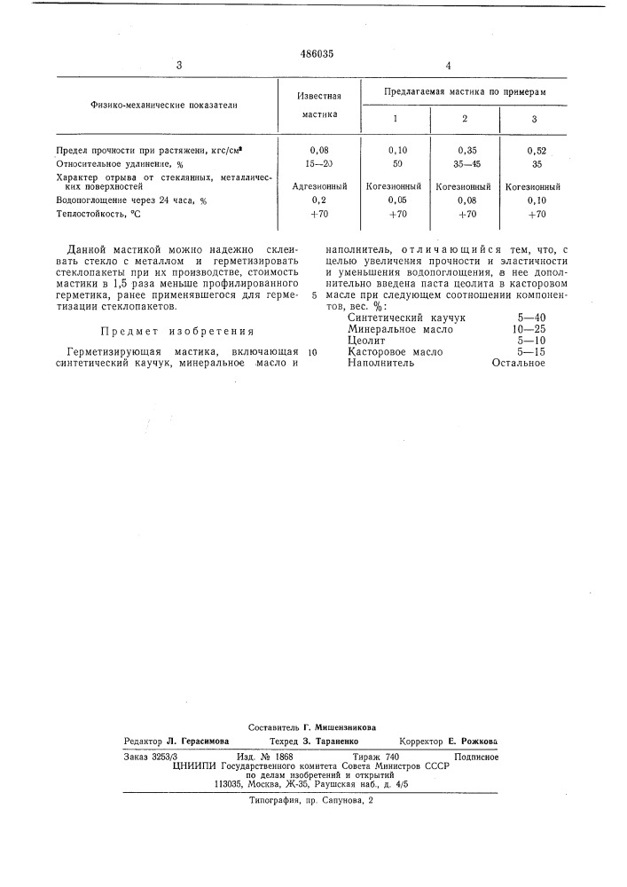 Герметизирующая мастика (патент 486035)