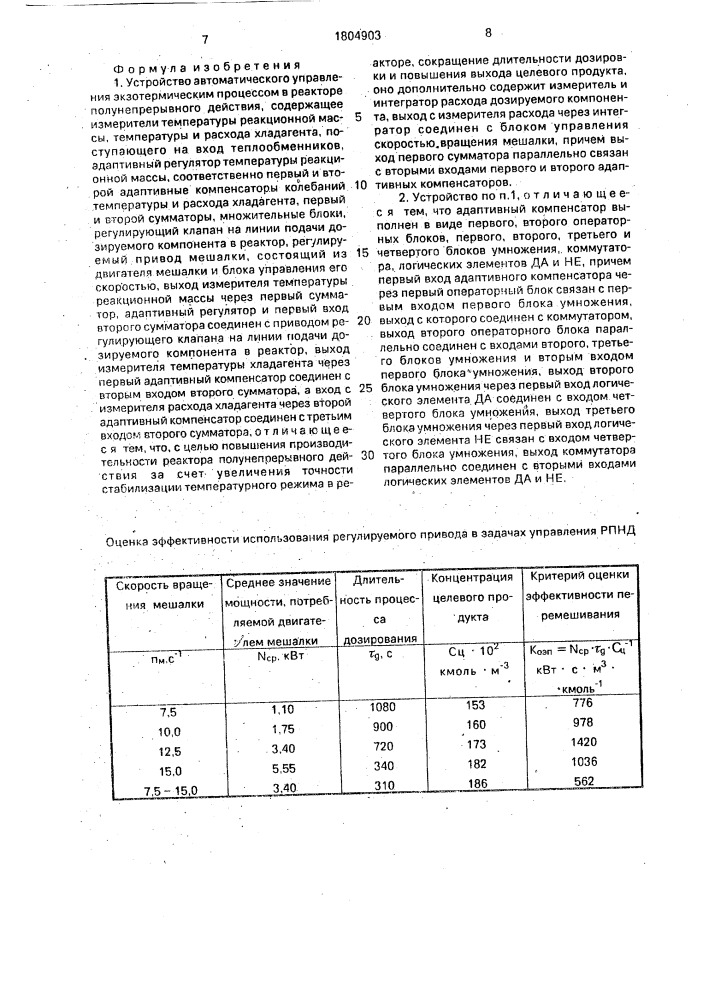 Устройство автоматического управления экзотермическим процессом в реакторе полунепрерывного действия (патент 1804903)