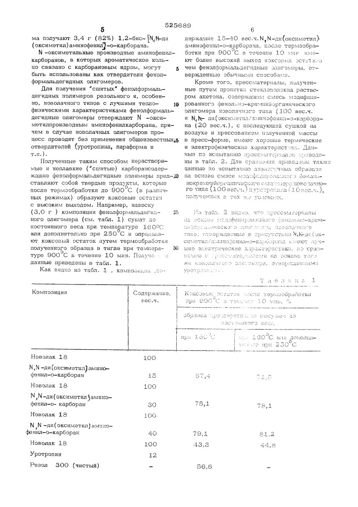 -оксиметильные производные аминофенилкарборанов как отвердитель фенолформальдегидных олигомеров и способ их получения (патент 525689)