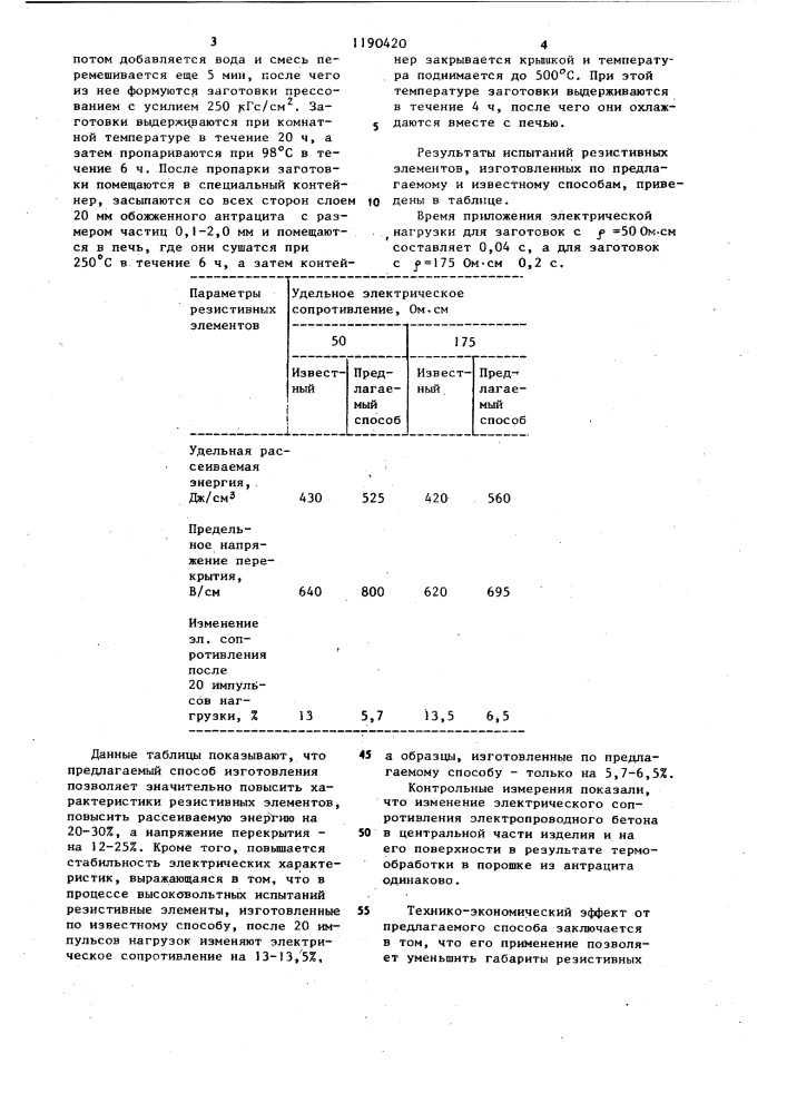 Способ изготовления заготовок резистивных элементов из электропроводного бетона (патент 1190420)