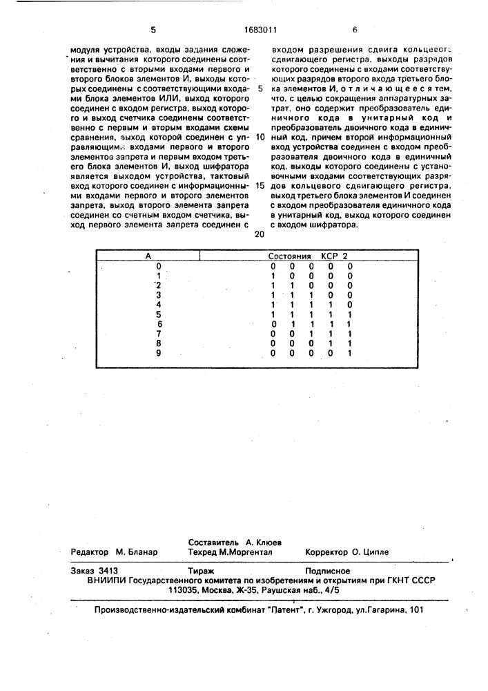 Устройство для сложения и вычитания чисел по модулю (патент 1683011)