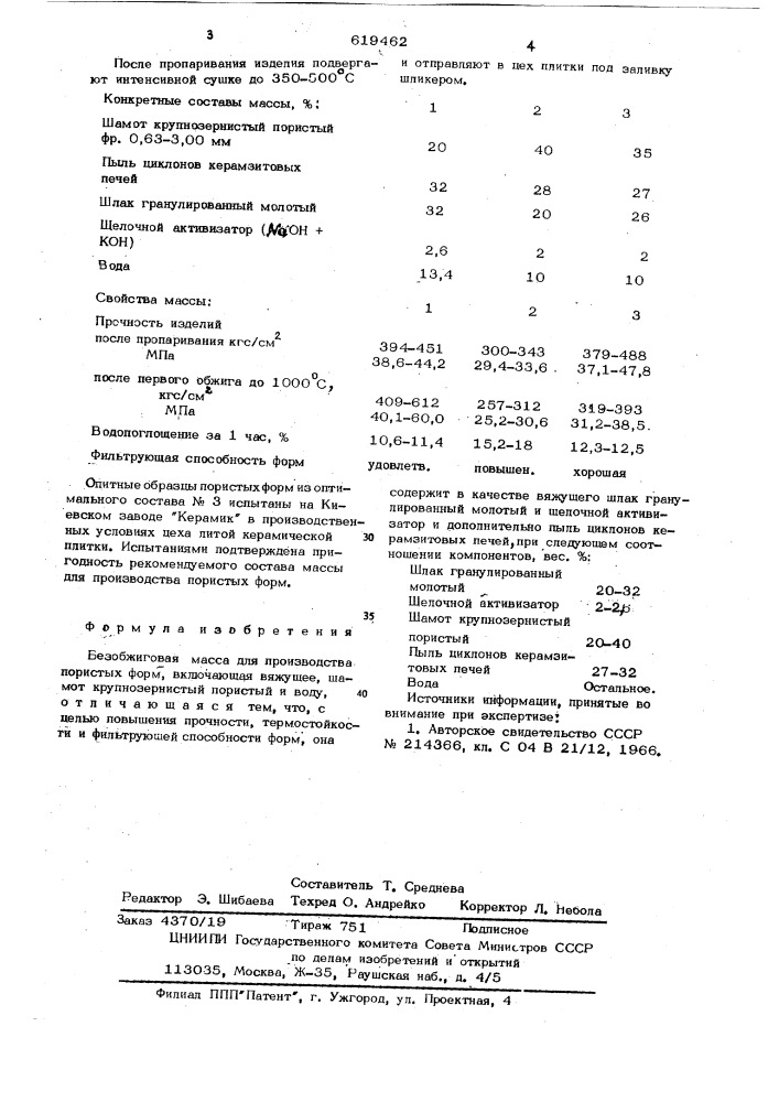 Безобжиговая масса для производства пористых форм (патент 619462)