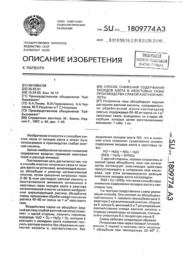 Способ снижения содержания оксидов азота в хвостовых газах производства слабой азотной кислоты (патент 1809774)