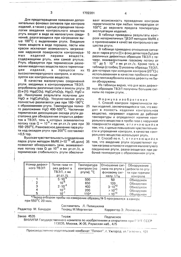 Способ контроля герметичности полых изделий (патент 1702201)