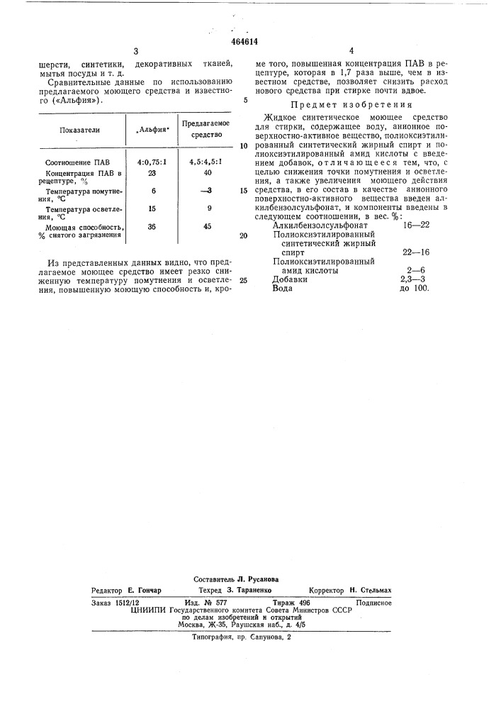 Жидкое синтетическое моющее средство для стирки (патент 464614)