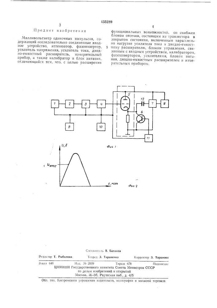 Милливольтметр одиночных импульсов (патент 455289)