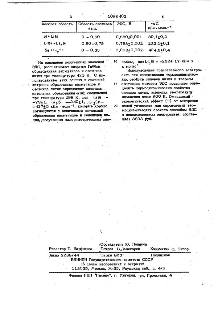 Электролит для исследования термодинамических свойств сплавов лития в твердом состоянии (патент 1086402)
