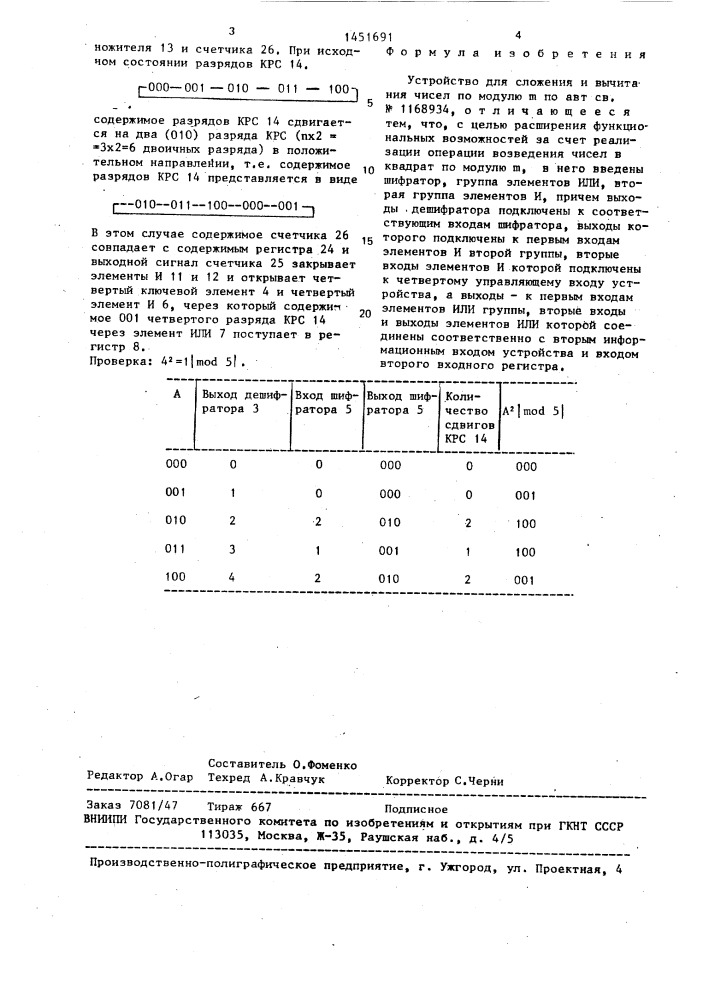 Устройство для сложения и вычитания чисел по модулю @ (патент 1451691)