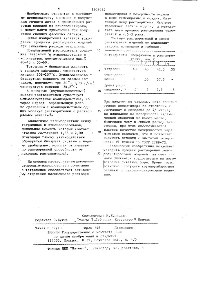 Растворитель для моделей из пенополистирола (патент 1202687)