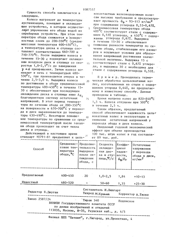 Способ термической обработки цельнокатаных железнодорожных колес (патент 1087557)