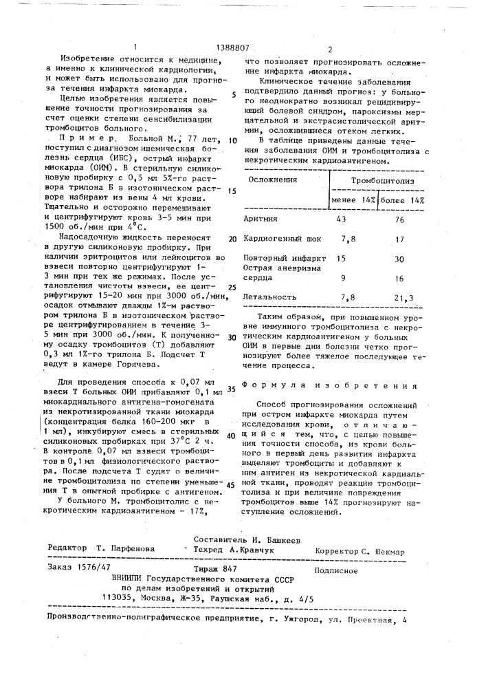 Способ прогнозирования осложнений при остром инфаркте миокарда (патент 1388807)