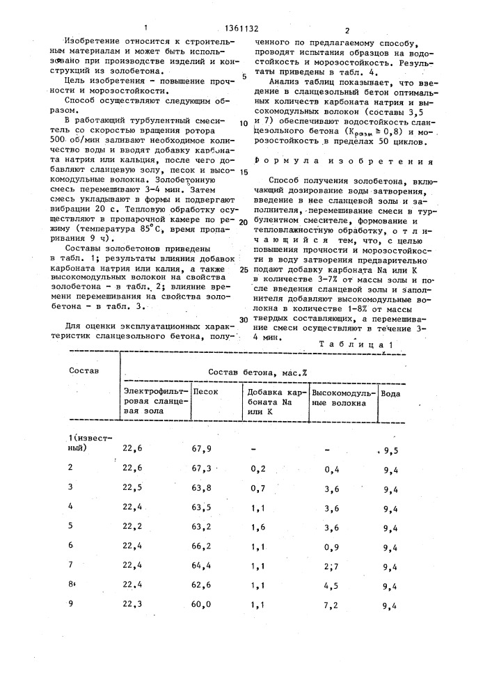 Способ получения золобетона (патент 1361132)