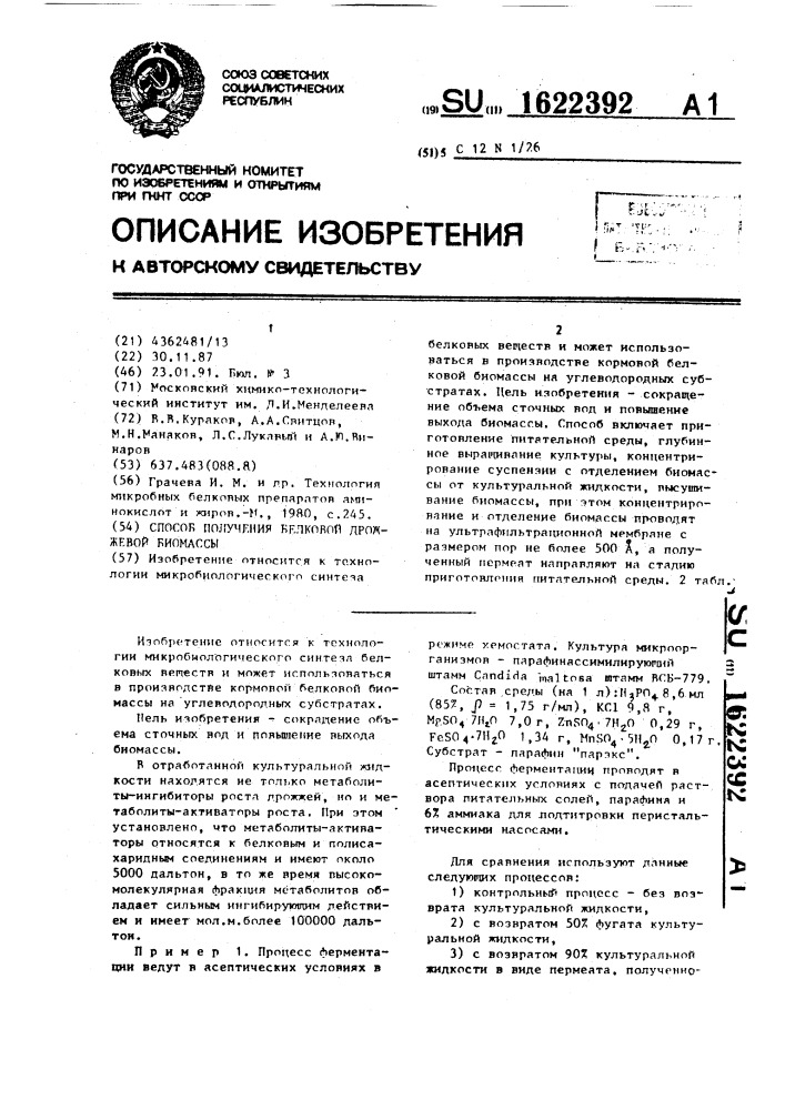 Способ получения белковой дрожжевой биомассы (патент 1622392)