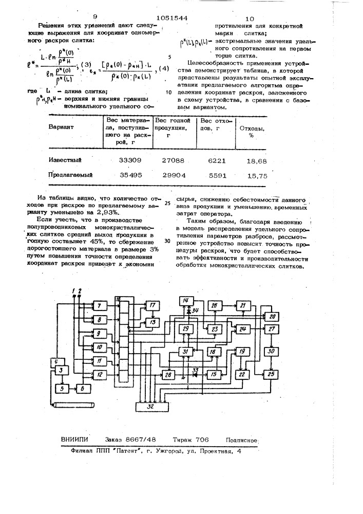 Устройство для вычисления координат одномерного раскроя линейных неоднородных материалов (патент 1051544)