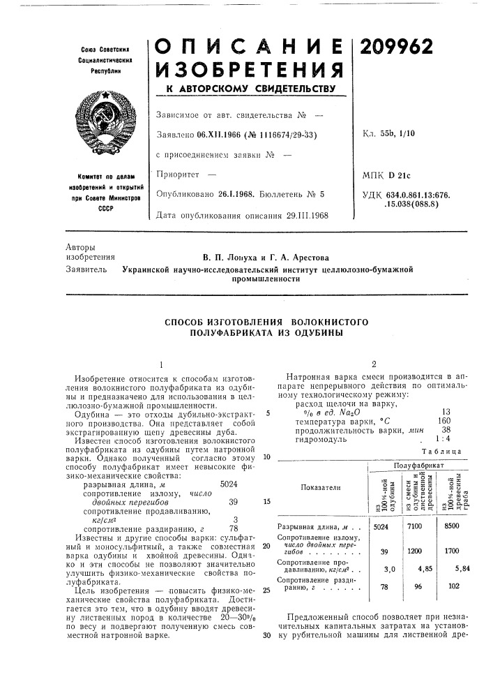 Способ изготовления волокнистого полуфабриката из одубины (патент 209962)