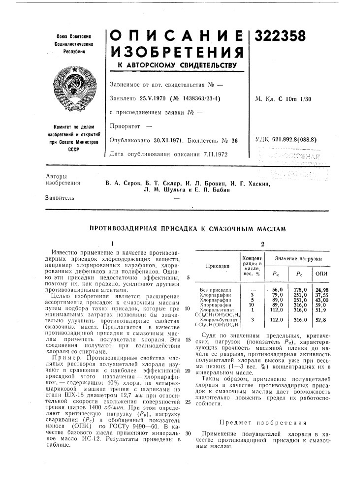 Противозадирная присадка к смазочным маслам (патент 322358)