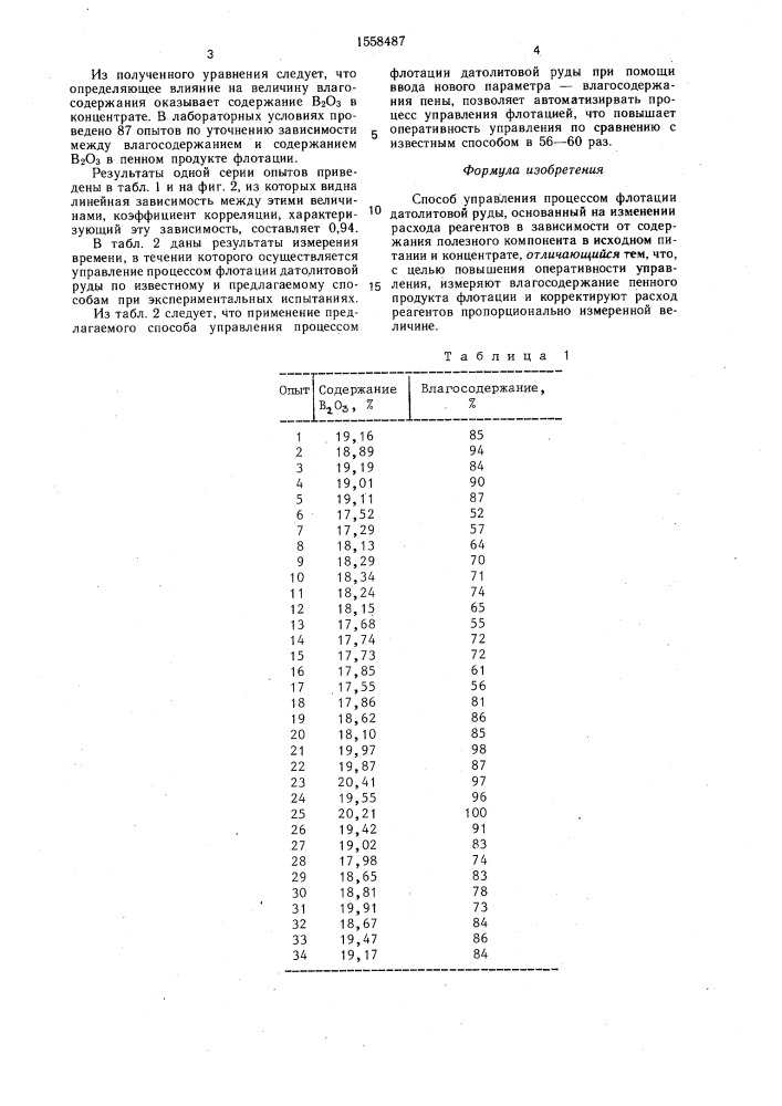 Способ управления процессом флотации датолитовой руды (патент 1558487)