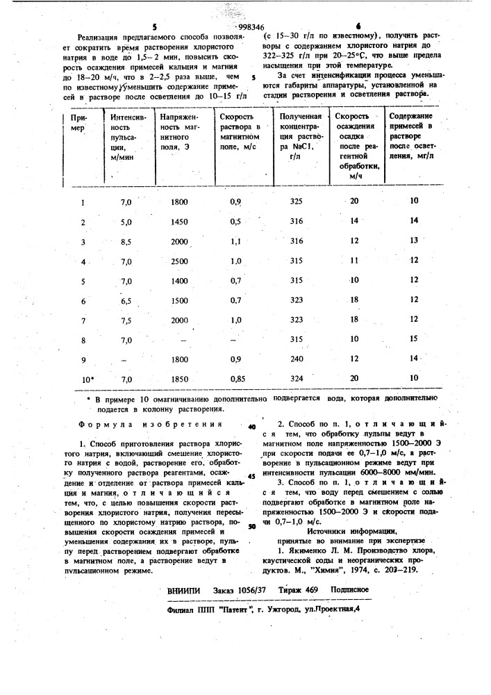 Способ приготовления раствора хлористого натрия (патент 998346)