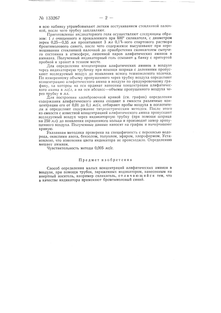 Способ определения малых концентраций алифатических аминов в воздухе (патент 133267)