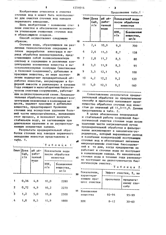 Способ очистки сточных вод заводов первичного виноделия (патент 1231014)