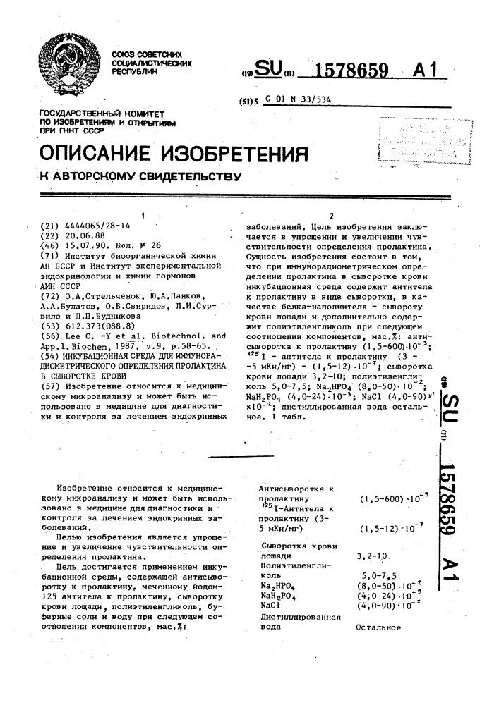 Инкубационная среда для иммунорадиометрического определения пролактина в сыворотке крови (патент 1578659)