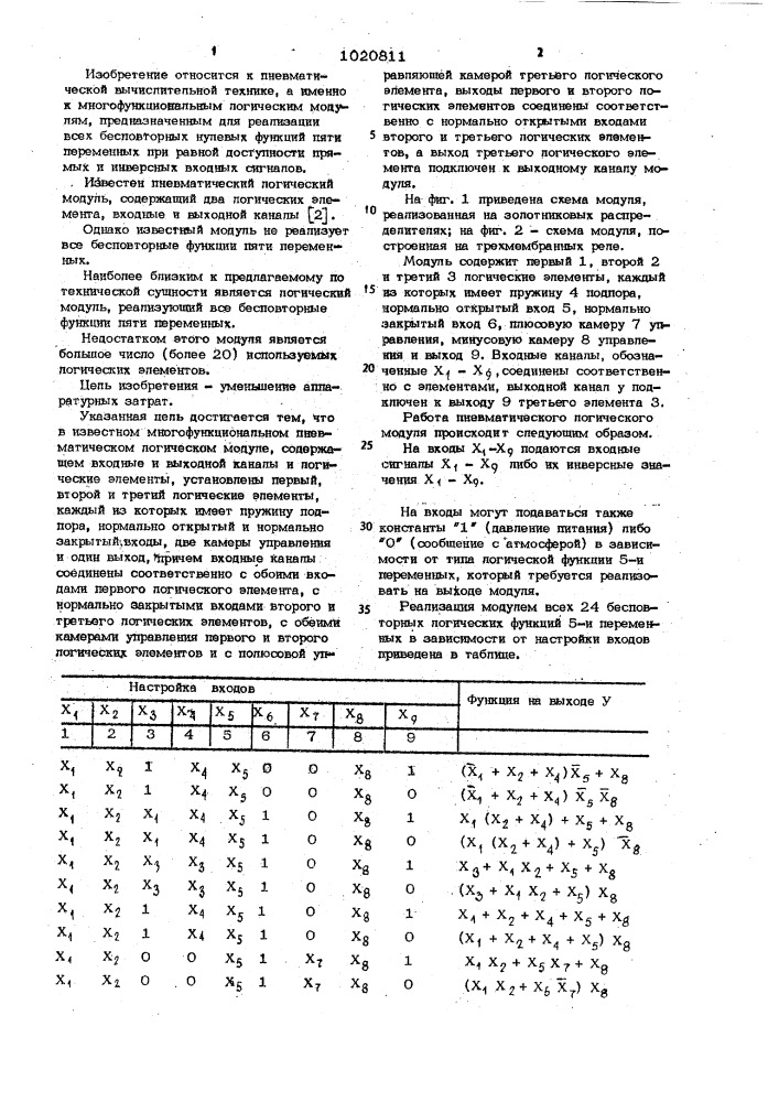 Многофункциональный пневматический логический модуль (патент 1020811)