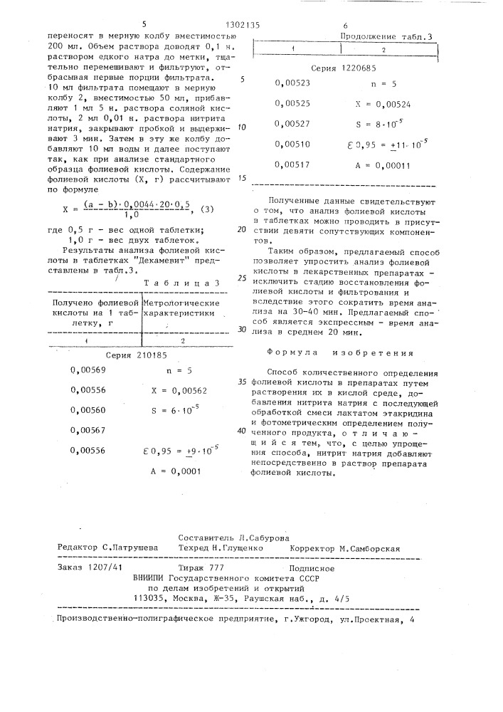 Способ количественного определения фолиевой кислоты в препаратах (патент 1302135)