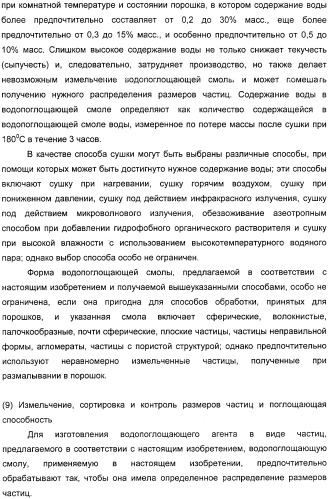 Водопоглощающий агент в виде частиц, содержащий в качестве основного компонента водопоглощающую смолу (варианты), поглощающее изделие на его основе и варианты способа получения водопоглощающего агента (патент 2338763)