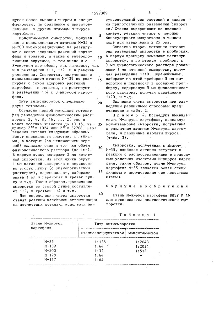 Штамм м-вируса картофеля для производства диагностической сыворотки (патент 1597389)