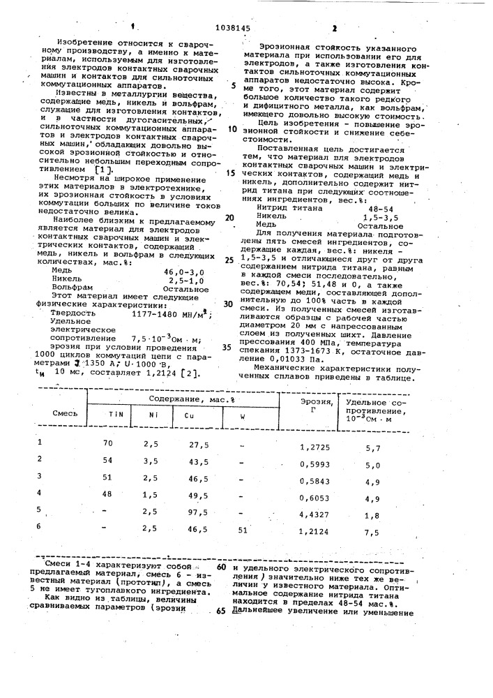 Материал для электродов контактных сварочных машин и электрических контактов (патент 1038145)