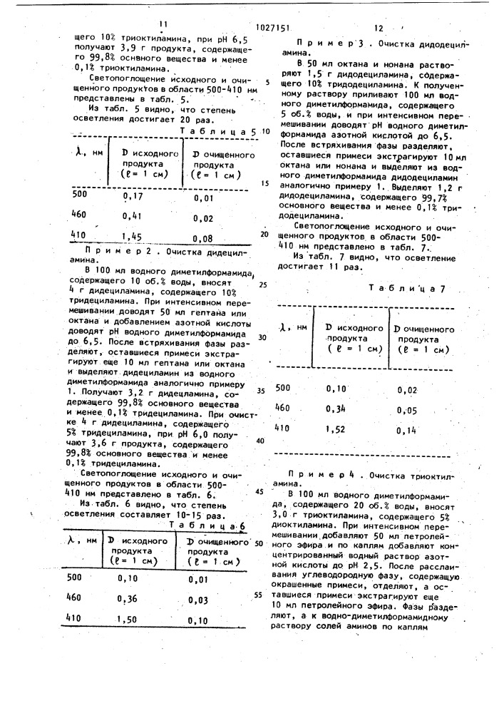 Способ очистки высших алифатических вторичных (с @ -с @ ) аминов от примеси высших алифатических третичных (с @ -с @ ) аминов или высших алифатических третичных (с @ -с @ ) аминов от примеси высших алифатических вторичных (с @ -с @ ) аминов (патент 1027151)