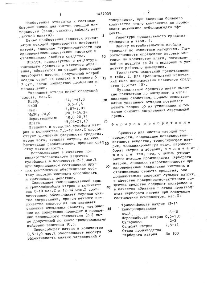 Средство для чистки твердой поверхности "борин (патент 1427005)