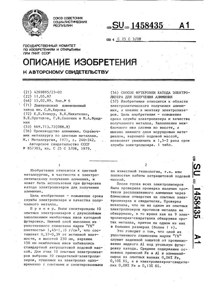 Способ футеровки катода электролизера для получения алюминия (патент 1458435)