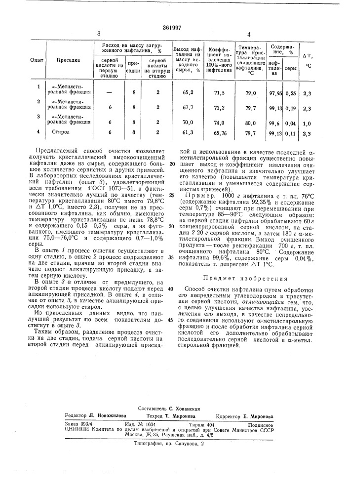Способ очистки нафталииа (патент 361997)