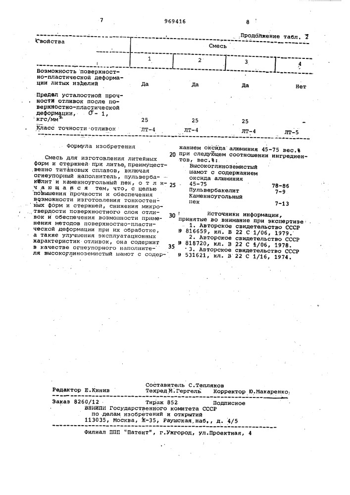 Смесь для изготовления литейных форм и стержней (патент 969416)