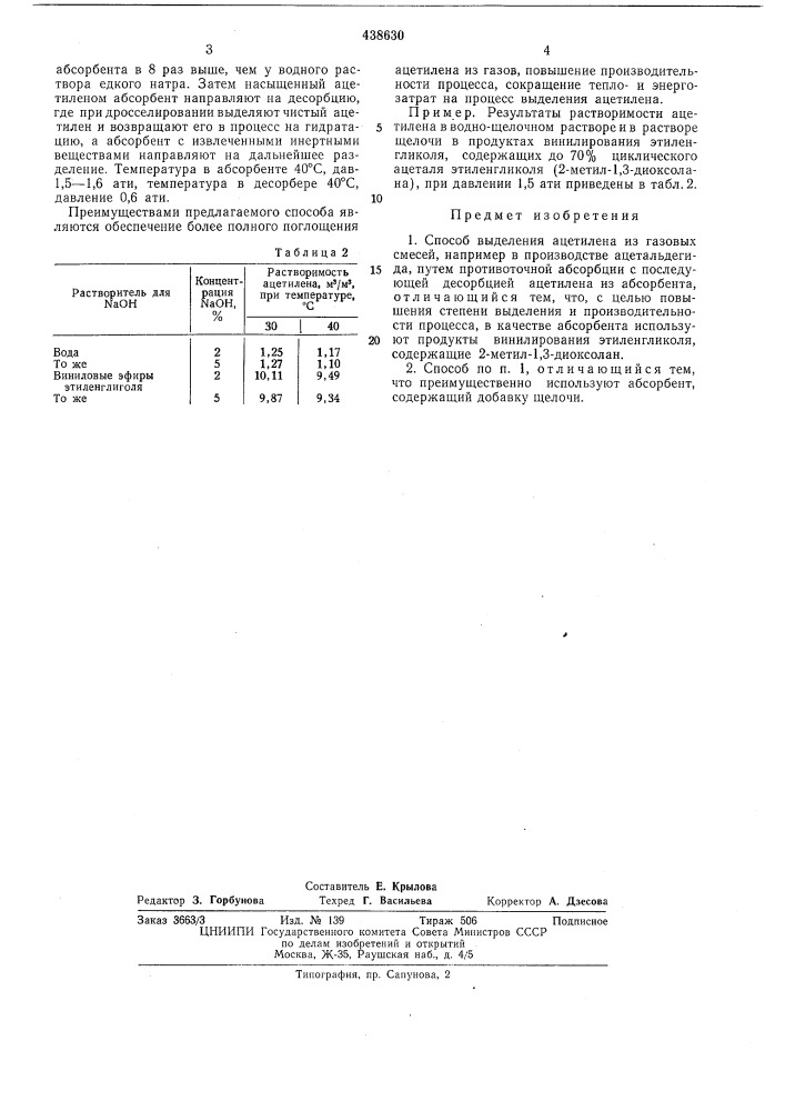 Способ выделения ацетилена (патент 438630)