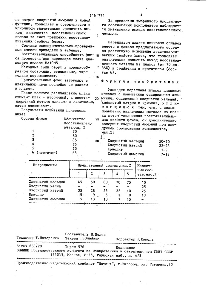 Флюс для переплава шлаков цинковых сплавов с повышенным содержанием алюминия (патент 1461772)